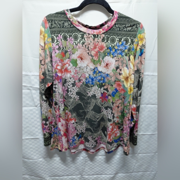 Johnny Was Tops - Johnny Was Multicolor Floral Long-Sleeve Tee with Green Base